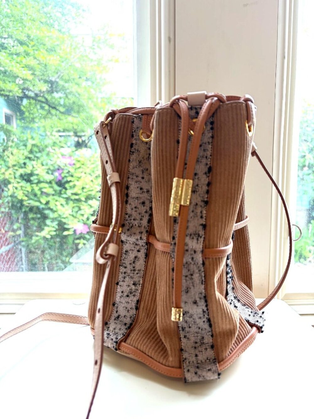 Ulla Johnson Willow Small Drawstring Bucket Bag Corduroy Tweed Tan Crossbody - Picture 2 of 11